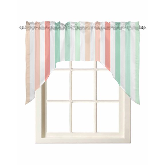 Coral Cyan Stripe Kitchen Swag Valances for Windows, Geometric Grey White Vertical Striped Swag Valances Curtains for Living Room, Rod Pocket Window Treatments for Bathroom, Bedroom, Cafe, 56"x36"