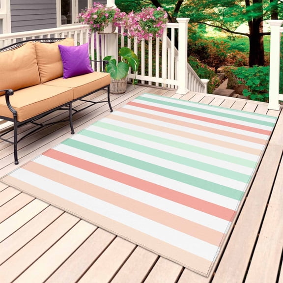 Coral Cyan Stripe Outdoor Rug for Patio/Deck/Porch, Non-Slip Large Area Rug 3 x 5 Ft, Geometric Grey White Vertical Striped Indoor Outdoor Rugs Washable Area Rugs, Camping Rug Carpet Runner