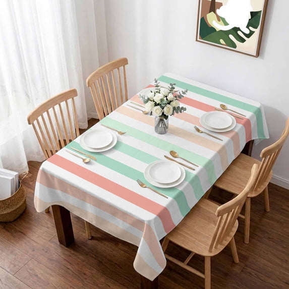 Coral Cyan Stripe Table Cloth Waterproof Tablecloths, Geometric Grey White Vertical Striped Tablecloth Dining Table Cover for Kitchen Party Tabletop Outdoor, Rectangle Tablecloth 60x84 Inch