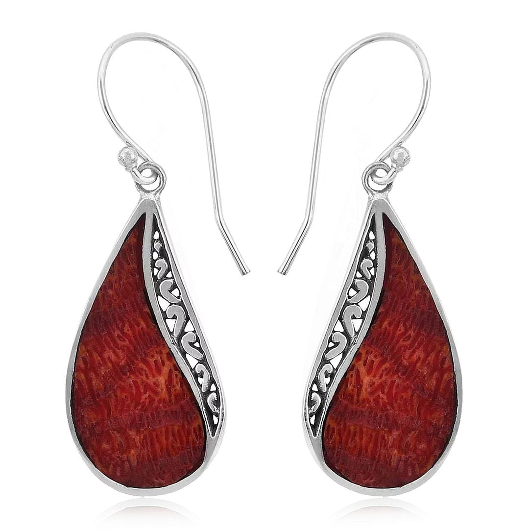 Coral Vintage Earrings for Women in 925 Sterling Silver - Dangling Drop Earrings Handmade Birthstone Boho Jewelry Birthday Christmas Gifts