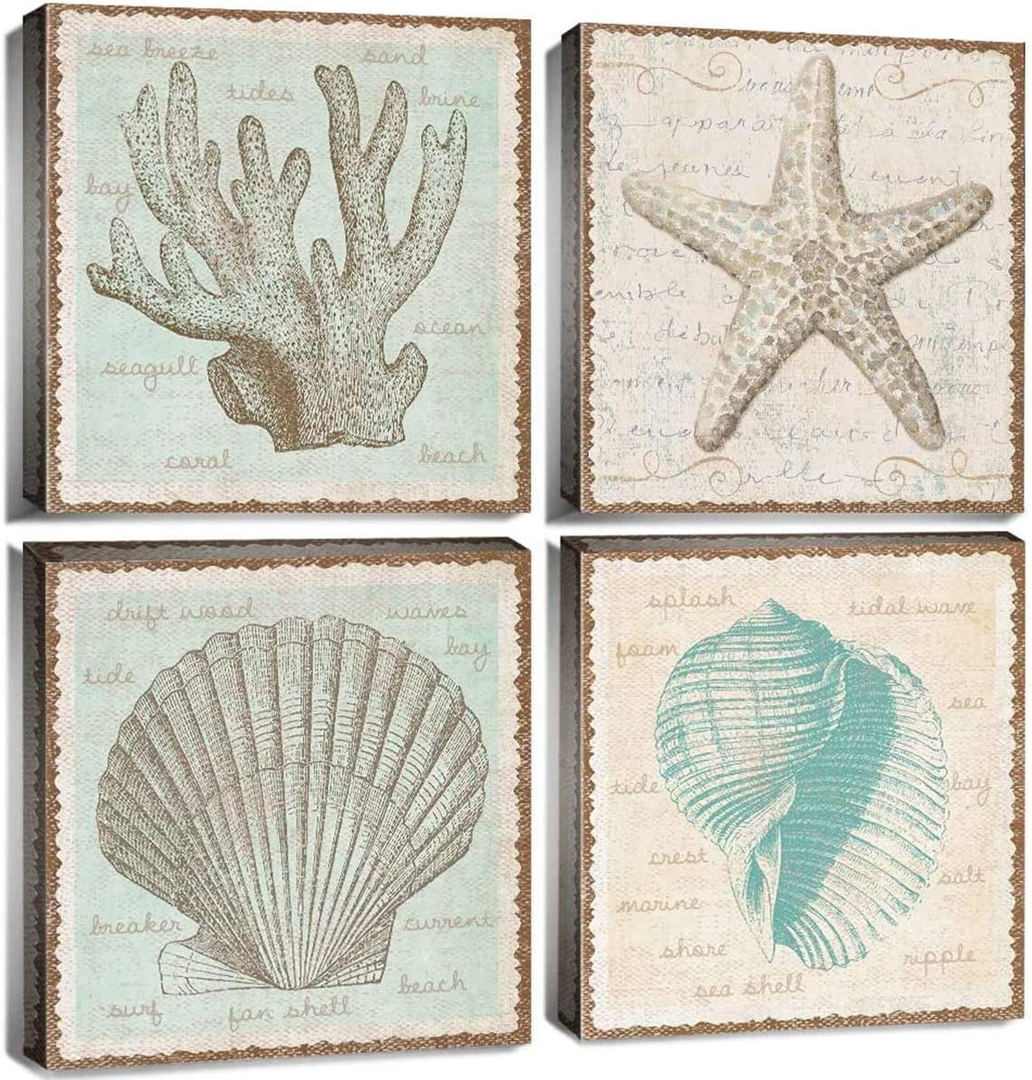 Coral Decor Beach Bathroom Wall Art Rustic Nautical Canvas Prints Home ...