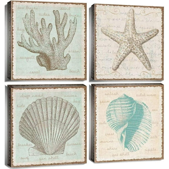 Coral Decor Beach Bathroom Wall Art Rustic Nautical Canvas Prints Home Decoration 4 Pcs Ocean Starfish Shell Framed Pictures Modern Vintage Sea Marine Theme Painting Kitchen Laundry Artwork 12 x 12
