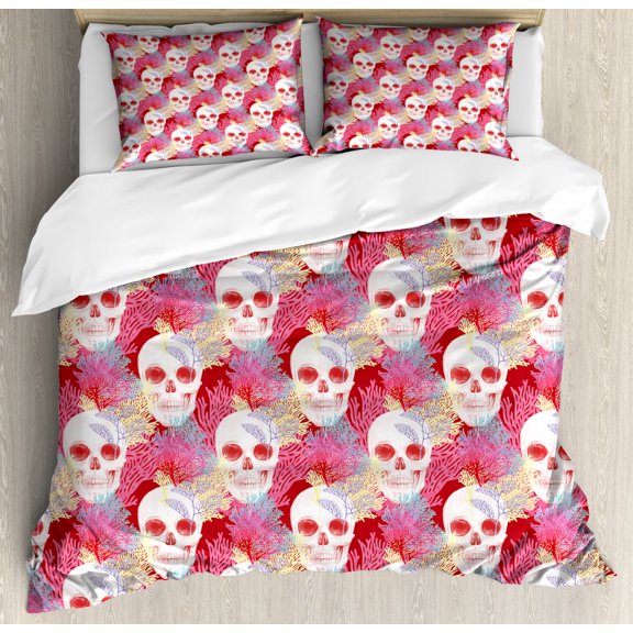 Coral Decor Queen Size Duvet Cover Set, Double Exposured Graphic Mexican Skull Bones and Exotic Creepy Dead Icon with Plants, Decorative 3 Piece Bedding Set with 2 Pillow Shams, Multi, by Ambesonne