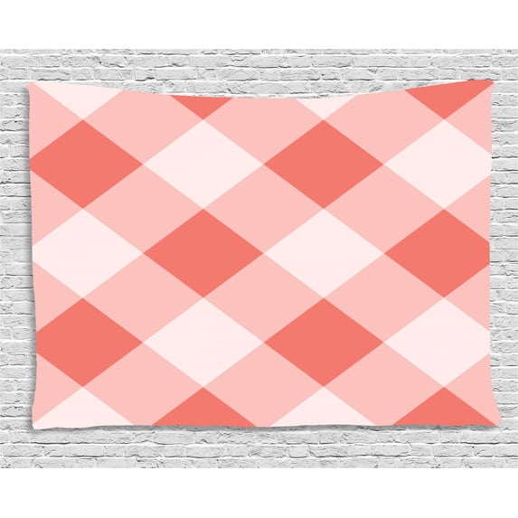 Coral Decor Tapestry, Vintage Peach Echo Geometrical Mosaic Diagonal Fractal Tartan Bands Figure Image, Wall Hanging for Bedroom Living Room Dorm Decor, 60W X 40L Inches, Pink Grey, by Ambesonne