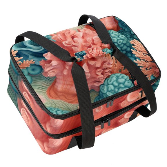 Coral Double Layered Insulated Lunch Bag with Two Compartments | Large Capacity Lunch Bags for Men Women | Handheld Refrigerated Lunch Bag 7.1x11.4x16.1 inches