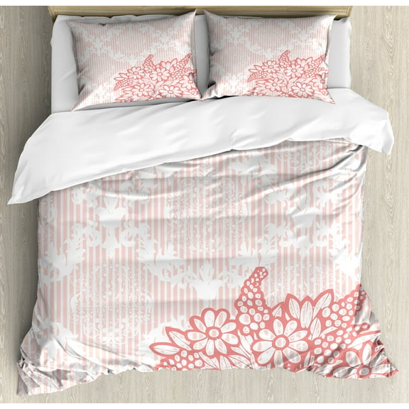 Coral Duvet Cover Set, Antique Ornate Royal Checkered Floral Backdrop with Doodle Style Daisy Bouquet, Decorative 3 Piece Bedding Set with 2 Pillow Shams, Calking Size, Coral Pale Pink, by Ambesonne