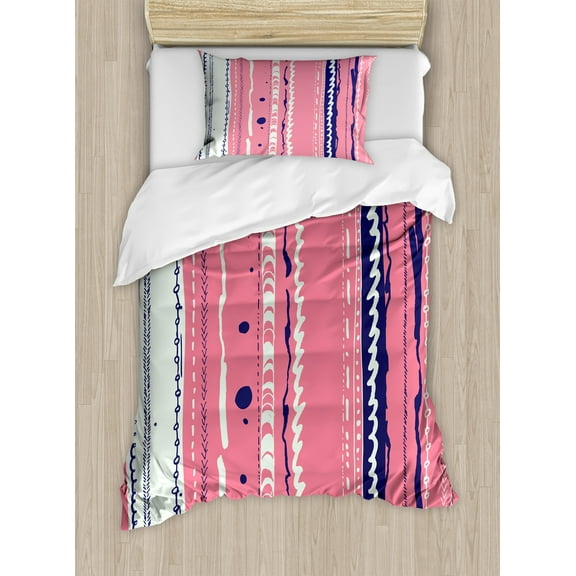 Coral Duvet Cover Set, Doodle Lines Repeating Ornaments Vertical Stripes Abstract Pastel, Decorative 2 Piece Bedding Set with 1 Pillow Shams, Twin Size, Coral Indigo Coconut, by Ambesonne