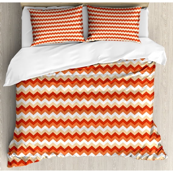 Coral Duvet Cover Set, Horizontal Chevron Pattern Arrows Geometric Design Striped Old Fashion Zigzag, Decorative 3 Piece Bedding Set with 2 Pillow Shams, King Size, Orange Coral White, by Ambesonne