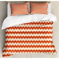 thumbnail image 1 of Coral Duvet Cover Set, Horizontal Chevron Pattern Arrows Geometric Design Striped Old Fashion Zigzag, Decorative 3 Piece Bedding Set with 2 Pillow Shams, Queen Size, Orange Coral White, by Ambesonne, 1 of 3