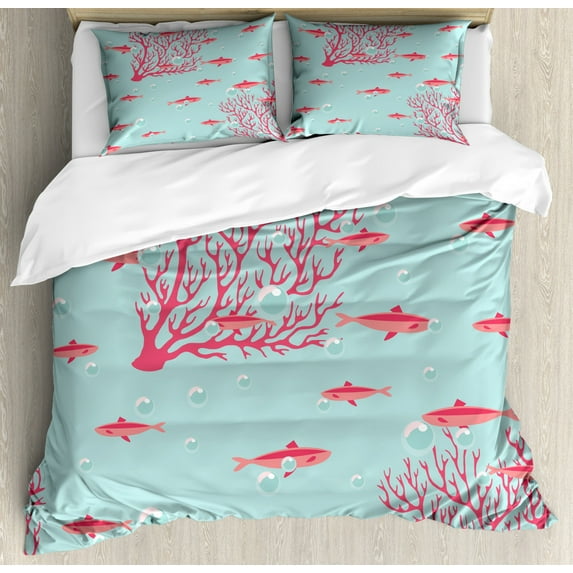 Coral Duvet Cover Set King Size, Aquatic Pattern with Little Cute Fishes and Coral Reef Bubbles Water, Decorative 3 Piece Bedding Set with 2 Pillow Shams, Coral Dark Coral Baby Blue, by Ambesonne