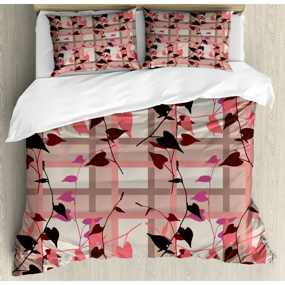 Coral Duvet Cover Set King Size, Heart Shaped Swirling Leaves over Striped Squared Lines Urban Life Graphic Image, Decorative 3 Piece Bedding Set with 2 Pillow Shams, Coral Grey, by Ambesonne