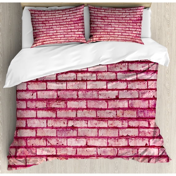 Coral Duvet Cover Set, Old Brick Wall Texture Image Rubble Rough Grunge Facade Construction Material Tile, Decorative 3 Piece Bedding Set with 2 Pillow Shams, Queen Size, Pink Magenta, by Ambesonne