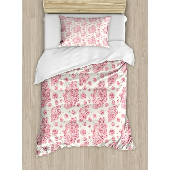 Coral Duvet Cover Set, Peonies English Roses Victorian Bouquet Corsage Blossoms Flourish, Decorative 2 Piece Bedding Set with 1 Pillow Shams, Twin Size, Dark Coral Pale Pink, by Ambesonne