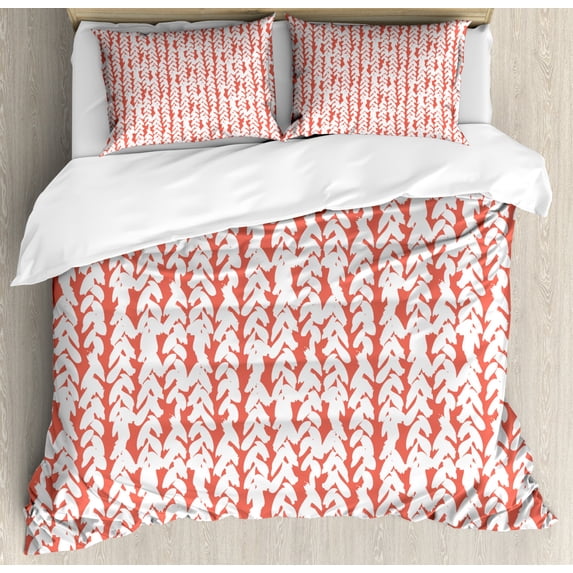Coral Duvet Cover Set Queen Size, Hand Painted Braids Vertical Pattern Bohemian Hipster Fashion Chevron Ethnic Artwork, Decorative 3 Piece Bedding Set with 2 Pillow Shams, Coral White, by Ambesonne