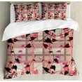 thumbnail image 1 of Coral Duvet Cover Set Queen Size, Heart Shaped Swirling Leaves over Striped Squared Lines Urban Life Graphic Image, Decorative 3 Piece Bedding Set with 2 Pillow Shams, Coral Grey, by Ambesonne, 1 of 3