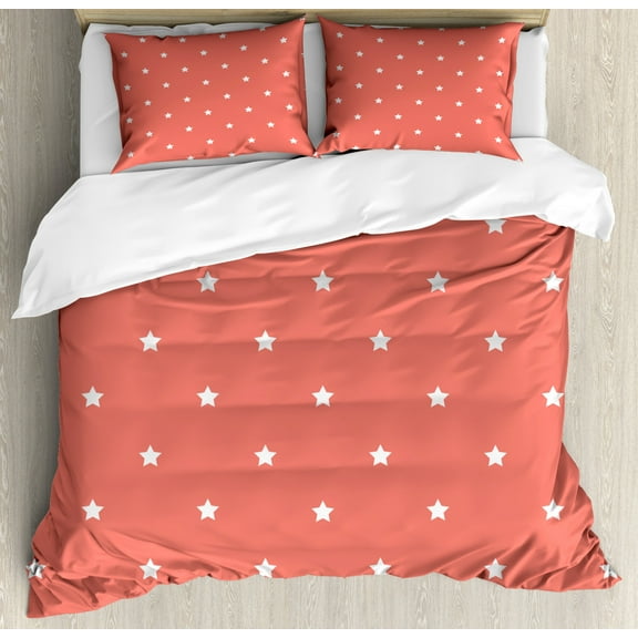 Coral Duvet Cover Set Queen Size, Minimalist Neat Star on Empty Outer Space Elements Themed Greeting Design Image, Decorative 3 Piece Bedding Set with 2 Pillow Shams, Coral White, by Ambesonne
