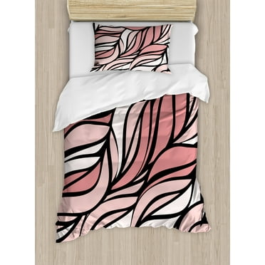 Coral Duvet Cover Set Twin Size, Digital Curving Mix Twisted Forms with Tangled Lines Knotty Color Illustration Image Print, Decorative 2 Piece Bedding Set with 1 Pillow Sham, Coral, by Ambesonne