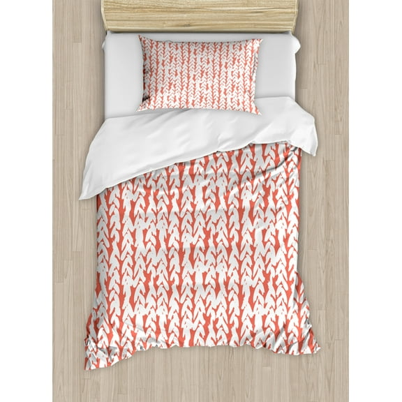 Coral Duvet Cover Set Twin Size, Hand Painted Braids Vertical Pattern Bohemian Hipster Fashion Chevron Ethnic Artwork, Decorative 2 Piece Bedding Set with 1 Pillow Sham, Coral White, by Ambesonne