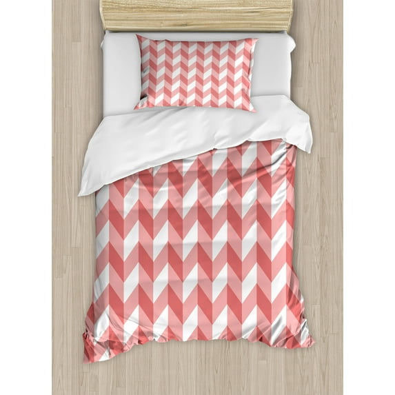 Coral Duvet Cover Set Twin Size, Retro Abstract Geometric Striped Pattern with Chevron Zigzags Triangular, Decorative 2 Piece Bedding Set with 1 Pillow Sham, Coral Dark Coral White, by Ambesonne