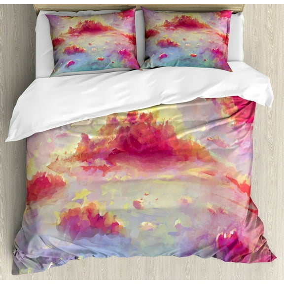 Coral Duvet Cover Set, Vibrant Illustration of Clouds Scenic Sunset Fluffy Fantasy Magnificient, Decorative 3 Piece Bedding Set with 2 Pillow Shams, King Size, Coral Purple Pale Blue, by Ambesonne