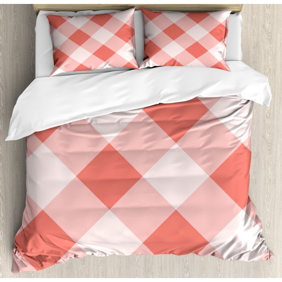 Coral Duvet Cover Set, Vintage Style Art Geometrical Mosaic Diagonal Fractal Old Tartan Motif Image Print, Decorative 3 Piece Bedding Set with 2 Pillow Shams, Queen Size, Coral Cream, by Ambesonne
