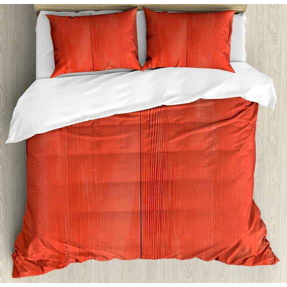Coral Duvet Cover Set, Vintage Wood Board Plank Texture Image Aged Barn Door Lumber Grunge Natural Surface, Decorative 3 Piece Bedding Set with 2 Pillow Shams, Queen Size, Dark Coral, by Ambesonne