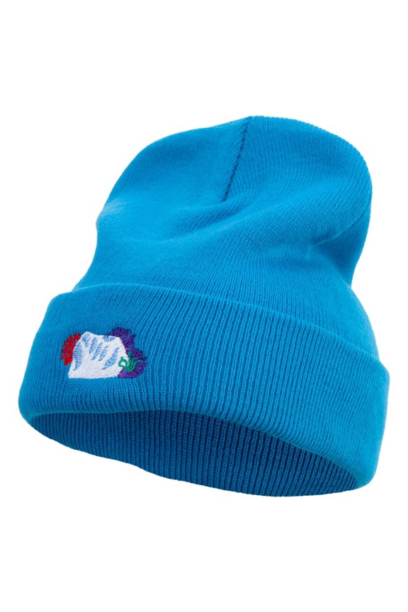 Coral Elements Embroidered 12 inch Long Knitted Beanie - Aqua OSFM