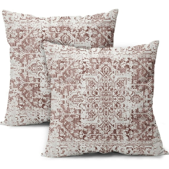 Coral Ethnic Boho Throw Pillow Covers 16X16 Inch Set of 2 Bohemian Carpet Vintage Pillow Cases Rust Red Gray Terracotta Floral Pillow Cover Farmhouse Home Decor for Sofa Couch Porch Outdoor