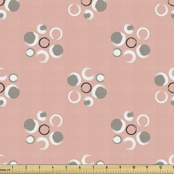 Ambesonne Coral Fabric by the Yard Upholstery, Grunge Circle Flower Art, 2 Yards, Coral Grey
