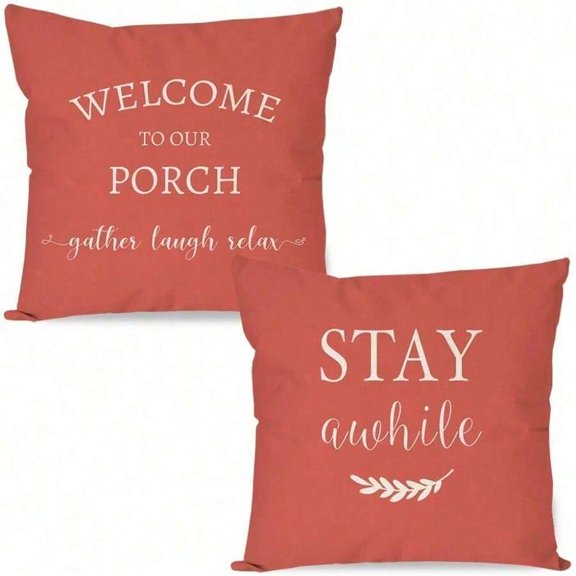 Coral Farmhouse Throw Pillow Covers Set of 2 - Welcome To Our Porch Stay Awhile Outdoor Decor