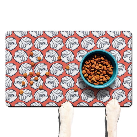Coral Fish Cute Seashell Dog Food Mat – Nautical Beach Tropical Starfish Marine Life Pet Feeding Mat 12x20, Sea Spiral Seashell Non-Slip Absorbent Quick Dry Waterproof Easy Clean