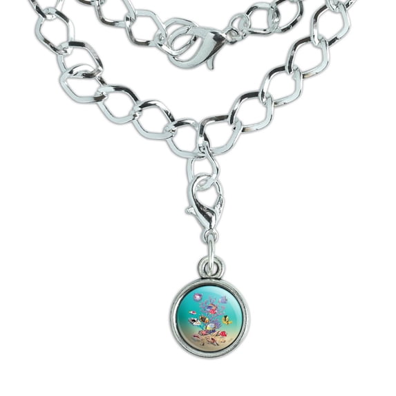 Coral Fish Ocean Bottom Garden Shells Diving Silver Plated Bracelet with Antiqued Charm