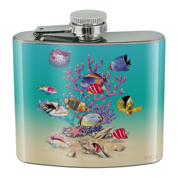 Coral Fish Ocean Bottom Garden Shells Diving Stainless Steel 5oz Hip Drink Kidney Flask