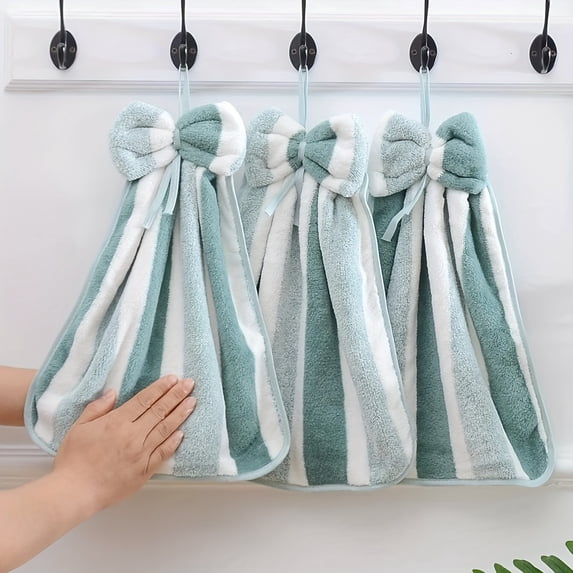 Coral Fleece Hanging Hand Towel with Bow Tie Decorative Absorbent Soft Kitchen Bathroom Drying Cloth Quick Dry Microfiber Washcloth Cleaning Rag Green