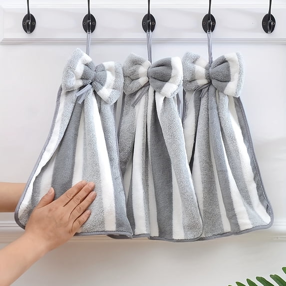 Coral Fleece Hanging Hand Towel with Bow Tie Decorative Absorbent Soft Kitchen Bathroom Drying Cloth Quick Dry Microfiber Washcloth Cleaning Rag Gray