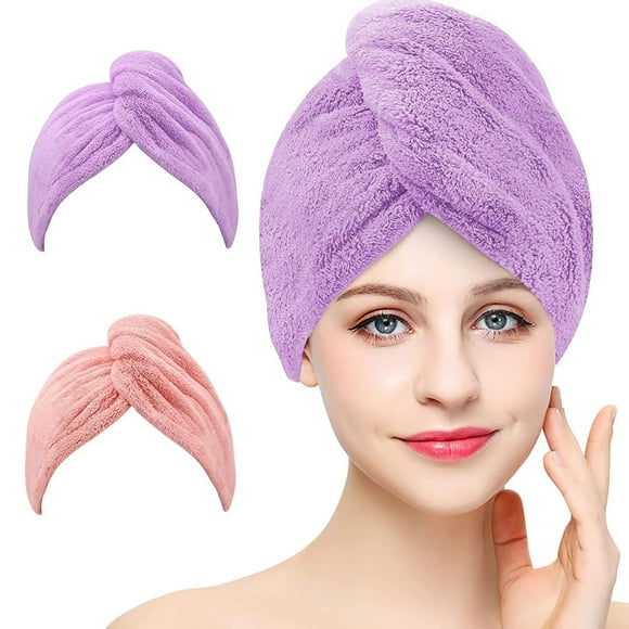 Coral Fleece Microfiber Hair Towel Wrap, 2 Pack Super Absorbent Quick Dry Hair Twist Turban - Fast Drying Hair Caps with Buttons, Pink and Purple