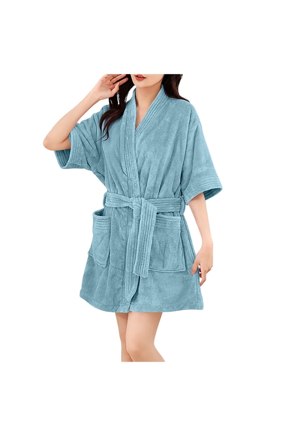 Coral Fleece Oversized Bathrobe Womens Short Sleeve Open Front Bath Quick-Drying Thermal Lounge Drop Shoulder Cropped Robe V Neck Belted Pajamas with Pocket 2026 Simple Elegant Outfits