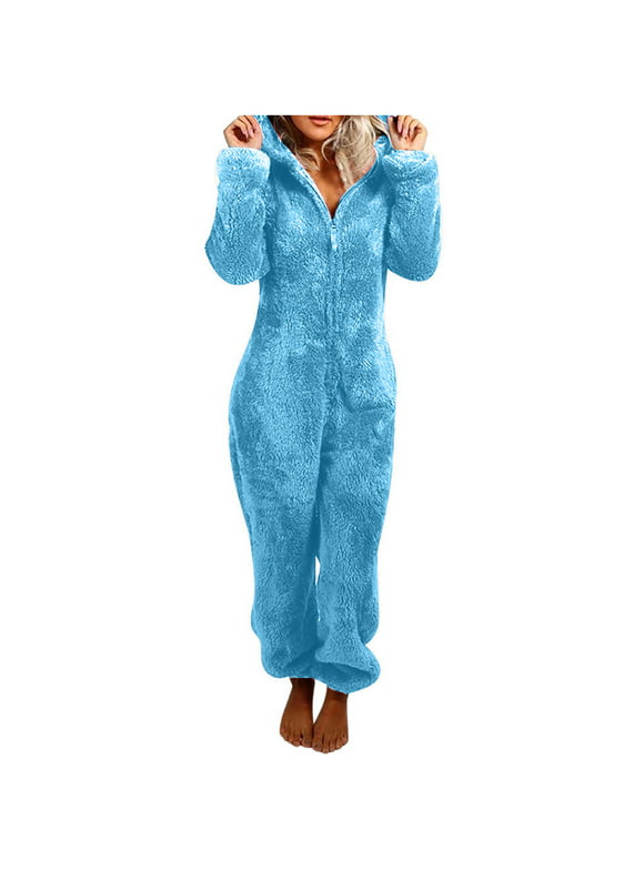 Coral Fleece Pajamas for Women Winter Warm Onesie Hooded Romper Jumpsuit Loungewear Pjs Zip-Up Sleepwear Ladies Clothes