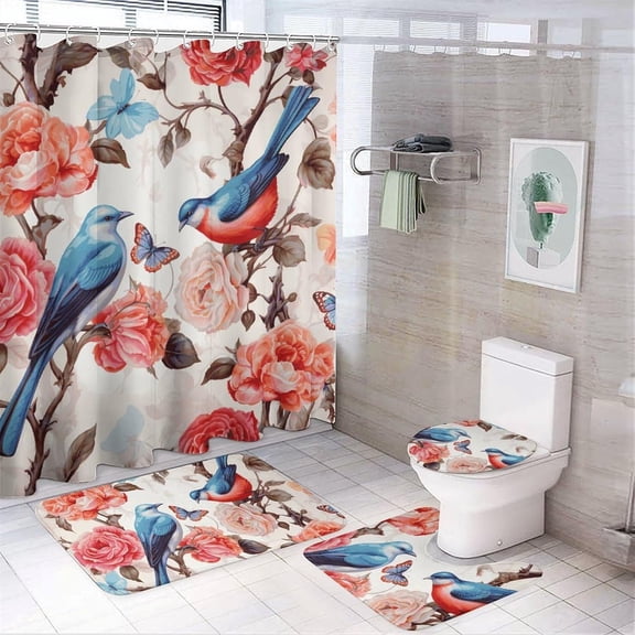 Coral Fleece Shower Curtain Set 4pcs, Romantic Fancy Floral Birds Butterfly Bathroom Sets with Non-Slip Ultra Absorbent Bath Mats, U-Shaped Rug, Toilet Lid Cover & Waterproof Oxford Shower Curtain