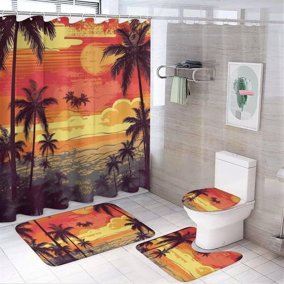 Coral Fleece Shower Curtain Set 4pcs, Tropical Island Sunset Bathroom Sets with Non-Slip Ultra Absorbent Bath Mats, U-Shaped Rug, Toilet Lid Cover & Waterproof Oxford Shower Curtain