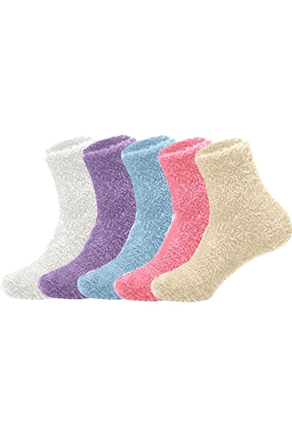 Coral Fleece Socks for Women, 5 Pairs Non-Slip Slipper Socks Set, Thickened Warm Winter Fuzzy Socks, Long Plush Crew Socks for Sleeping, Home, and Indoor Lounging