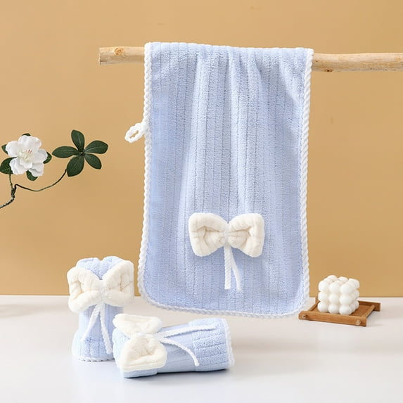 Coral Fleece Striped Bow Towel, 23"x11" Soft Quick Dry Bath Hand Towel, Decorative Ribbon Design for Guest Bathroom, Absorbent Lightweight, Blue