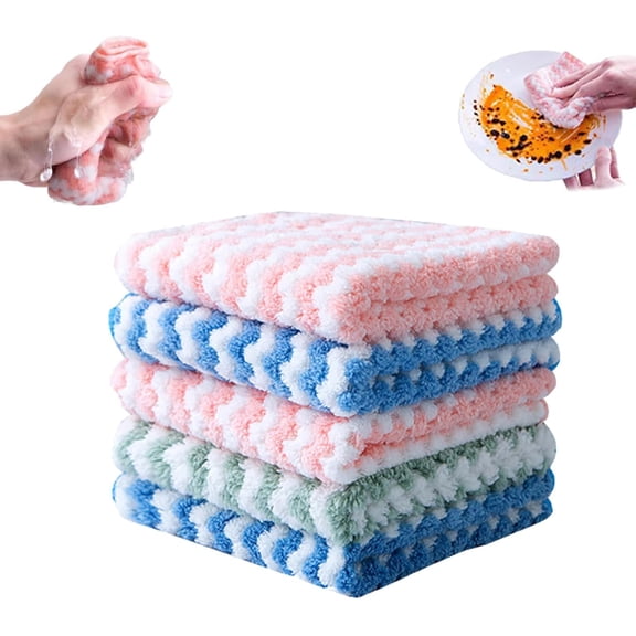 Coral Fleece Striped Dish Cleaning Cloths, 5-Pack, 9.8 x 9.8 Inches, Super Soft and Absorbent