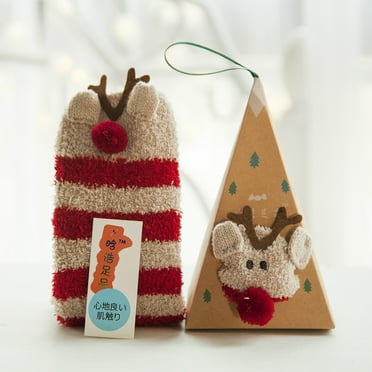 Coral Fleece Women's Socks Three-dimensional Cartoon Christmas Floor Socks Autumn and Winter Thickened Warm Terry Socks-Khaki deer