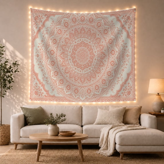 Coral Floral Mandala Within Ornate Scrollwork, Serene Boho for Plant Lovers, Botanical Wall Art, Housewarming Gift, Tapestry Wall Hanging for Living Room, Bedroom and Studio