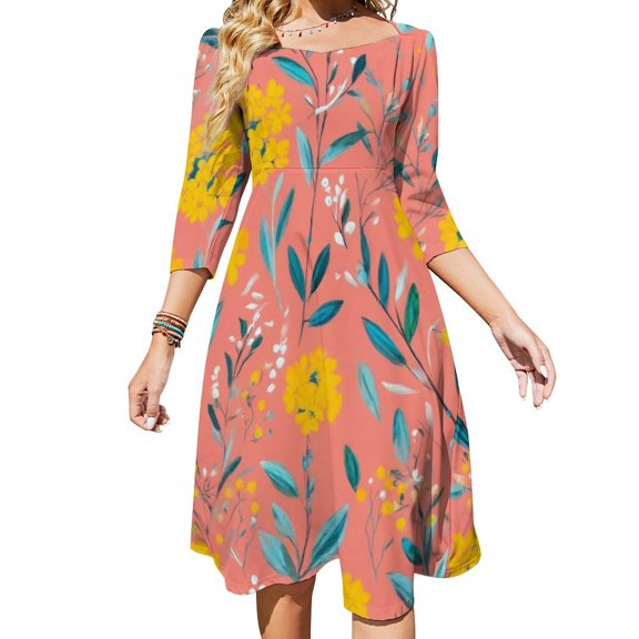 Coral Floral Painted Seamless Pattern Womens Summer Dress Tie Back A Line Flare Dress