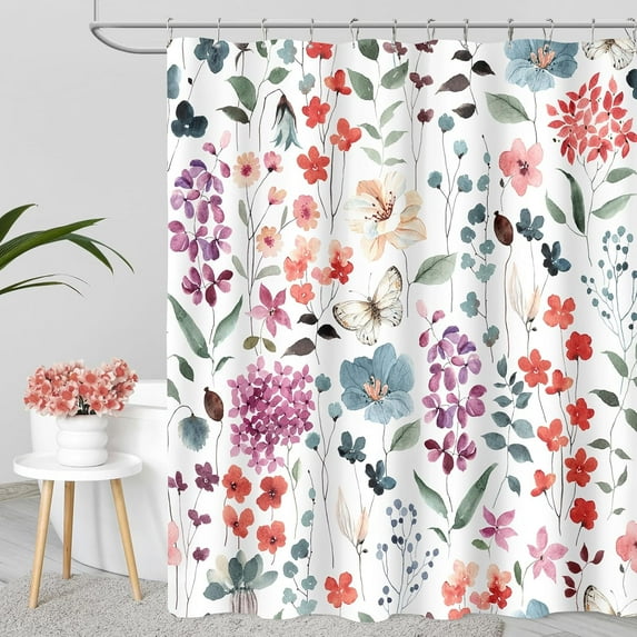Coral Floral Shower Curtain, Watercolor Flower Fabric Shower Curtain for Bathroom, Cute Wildflower Butterfly Cloth Shower Curtain Set with Hooks, 84x84