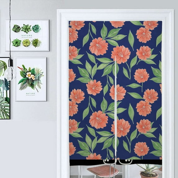 Coral Flowers Navy Blue Background Pattern Door Curtain Nordic Living Room DoorCurtain Porch Partition Curtain Kitchen Rative Half Curtain