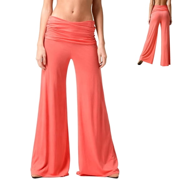 Coral Fold Over Pants - 2026 New On-Trend Solid Wide Leg Yoga Pants - Loose Fit Lounge Pants with Ruched Waist for Sports, Travel & Everyday