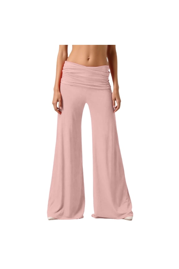 Coral Fold Over Pants - Flared Wide Leg Yoga Trousers for Women | Pleated High Waist, Stretchy & Versatile for Everyday Casual Wear(Pink,L)